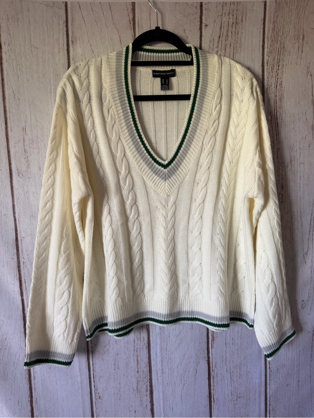 Streetwear Society Cream Cable-Knit Cricket Sweater with Green Trim in Size M